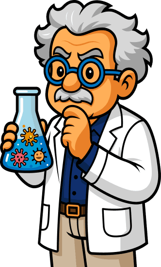 Scientist examining a flask of water with contaminant icons